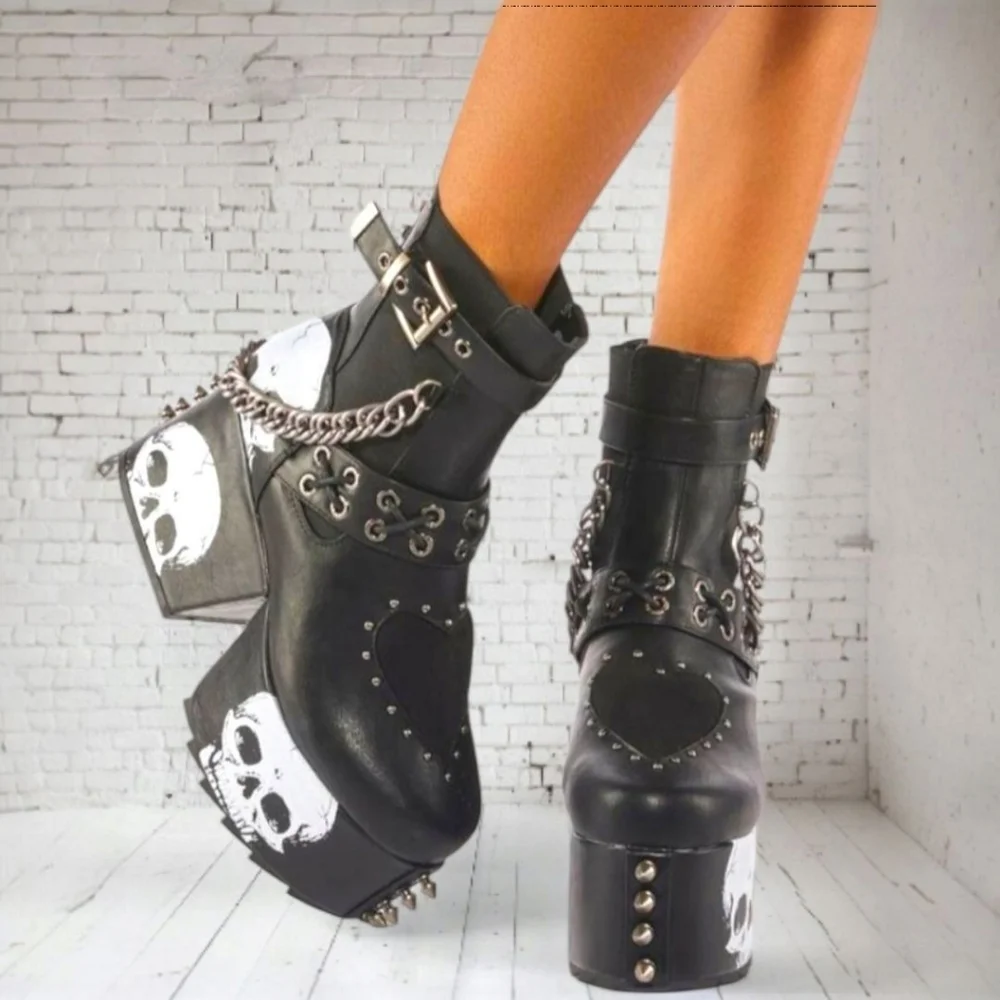 Dolls Kill x Lamoda Platform Skull Chain Spike Ankle Boots Vegan Leather Goth
